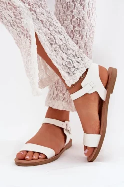 Clearance Boto Sandały Damskie Na Płaskim Obcasie Eko Skórzane Białe Kivara