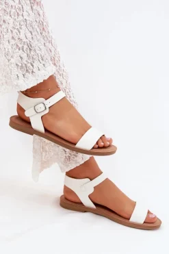 Clearance Boto Sandały Damskie Na Płaskim Obcasie Eko Skórzane Białe Kivara