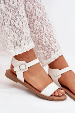 Clearance Boto Sandały Damskie Na Płaskim Obcasie Eko Skórzane Białe Kivara