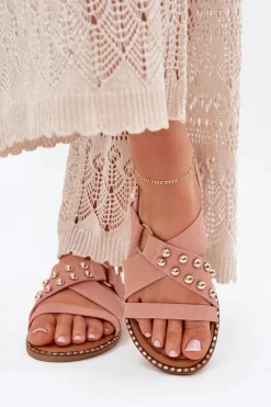 Boto Sandały Płaskie*Sandały Damskie Na Płaskim Obcasie Ze Złotymi Ćwiekami Różowe Zanira Różowy