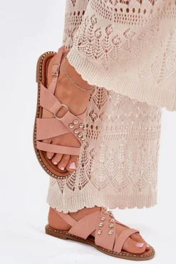 Boto Sandały Płaskie*Sandały Damskie Na Płaskim Obcasie Ze Złotymi Ćwiekami Różowe Zanira Różowy