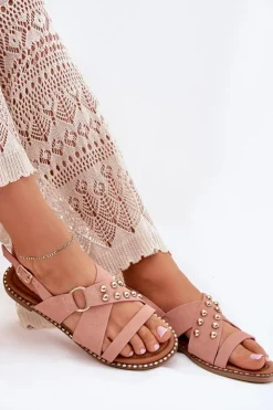 Boto Sandały Płaskie*Sandały Damskie Na Płaskim Obcasie Ze Złotymi Ćwiekami Różowe Zanira Różowy