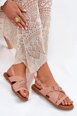 Boto Sandały Płaskie*Sandały Damskie Na Płaskim Obcasie Ze Złotymi Ćwiekami Różowe Zanira Różowy