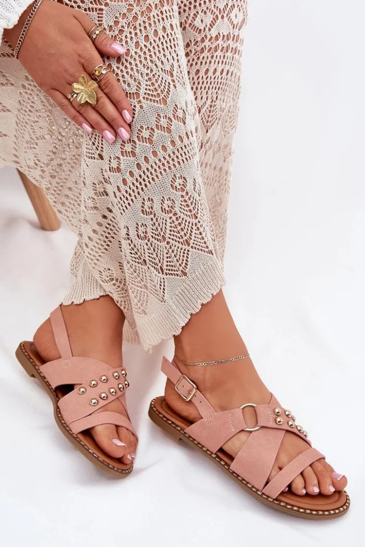 Boto Sandały Płaskie*Sandały Damskie Na Płaskim Obcasie Ze Złotymi Ćwiekami Różowe Zanira Różowy