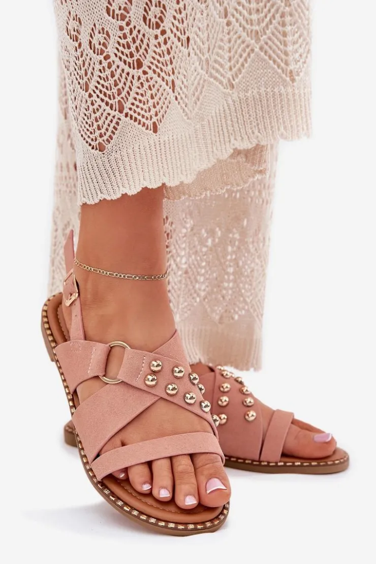 Boto Sandały Płaskie*Sandały Damskie Na Płaskim Obcasie Ze Złotymi Ćwiekami Różowe Zanira Różowy