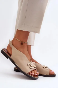 Damskie Boto Sandały Damskie Na Płaskim Obcasie Z Ozdobą Beżowe Loraeleh