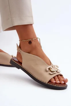 Damskie Boto Sandały Damskie Na Płaskim Obcasie Z Ozdobą Beżowe Loraeleh