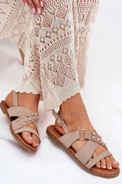 Outlet Boto Sandały Damskie Na Płaskim Obcasie Ze Złotymi Ćwiekami Beżowe Zanira Beżowy