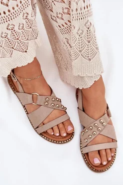 Outlet Boto Sandały Damskie Na Płaskim Obcasie Ze Złotymi Ćwiekami Beżowe Zanira Beżowy