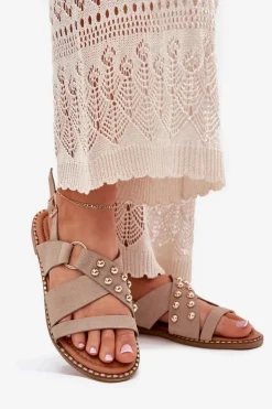 Outlet Boto Sandały Damskie Na Płaskim Obcasie Ze Złotymi Ćwiekami Beżowe Zanira Beżowy