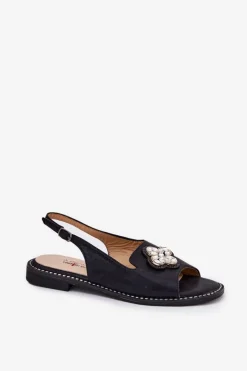 Damskie buty S.Barski Sandały Płaskie*Sandały Damskie Na Płaskim Obcasie Z Ozdobnym Detalem S.Barski KV51-080 Czarne Czarny