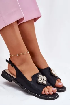 Damskie buty S.Barski Sandały Płaskie*Sandały Damskie Na Płaskim Obcasie Z Ozdobnym Detalem S.Barski KV51-080 Czarne Czarny