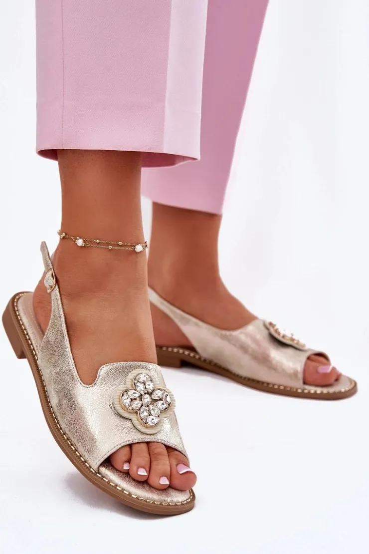 New Damskie buty S.Barski Sandały Damskie Na Płaskim Obcasie Z Ozdobnym Detalem S.Barski KV51-080 Złote Złoty