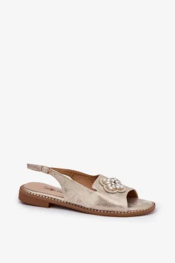 New Damskie buty S.Barski Sandały Damskie Na Płaskim Obcasie Z Ozdobnym Detalem S.Barski KV51-080 Złote Złoty