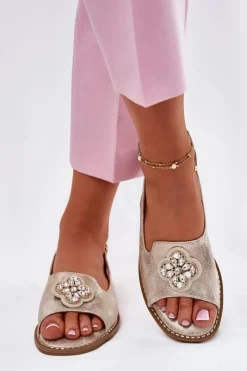 New Damskie buty S.Barski Sandały Damskie Na Płaskim Obcasie Z Ozdobnym Detalem S.Barski KV51-080 Złote Złoty