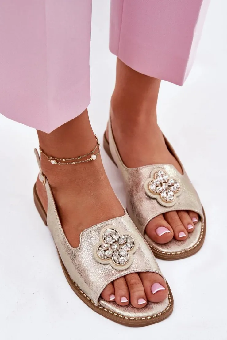 New Damskie buty S.Barski Sandały Damskie Na Płaskim Obcasie Z Ozdobnym Detalem S.Barski KV51-080 Złote Złoty