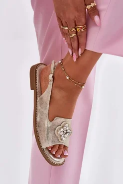 New Damskie buty S.Barski Sandały Damskie Na Płaskim Obcasie Z Ozdobnym Detalem S.Barski KV51-080 Złote Złoty