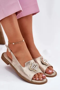 New Damskie buty S.Barski Sandały Damskie Na Płaskim Obcasie Z Ozdobnym Detalem S.Barski KV51-080 Złote Złoty