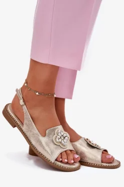 New Damskie buty S.Barski Sandały Damskie Na Płaskim Obcasie Z Ozdobnym Detalem S.Barski KV51-080 Złote Złoty