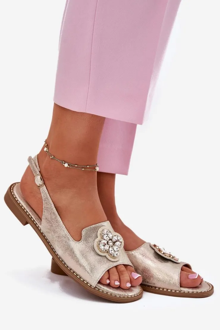 New Damskie buty S.Barski Sandały Damskie Na Płaskim Obcasie Z Ozdobnym Detalem S.Barski KV51-080 Złote Złoty