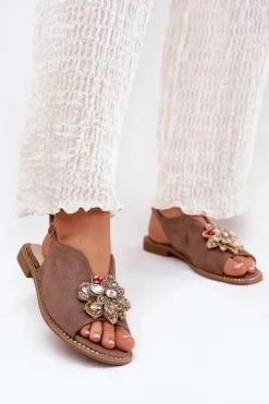 Damskie buty S.Barski Sandały Z Cholewką|Sandały Płaskie*Sandały Damskie Na Płaskim Obcasie Z Ozdobą S.Barski KV27-001 Ciemnobeżowe Beżowy