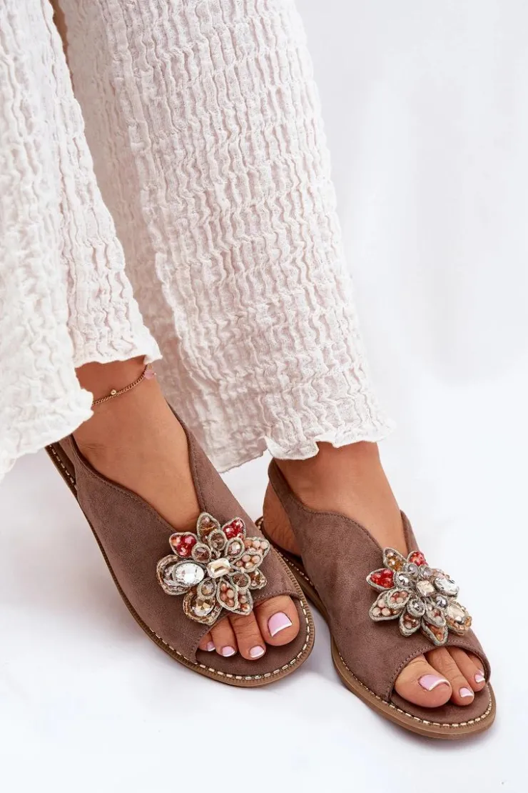 Damskie buty S.Barski Sandały Z Cholewką|Sandały Płaskie*Sandały Damskie Na Płaskim Obcasie Z Ozdobą S.Barski KV27-001 Ciemnobeżowe Beżowy