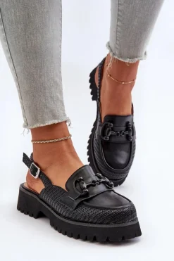 Online Damskie buty S.Barski Sandały Damskie Na Płaskim Obcasie Z Ozdobą Czarne D&A MR38-656 Czarny