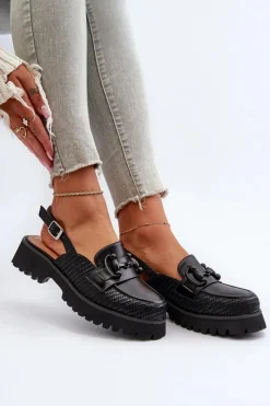 Online Damskie buty S.Barski Sandały Damskie Na Płaskim Obcasie Z Ozdobą Czarne D&A MR38-656 Czarny