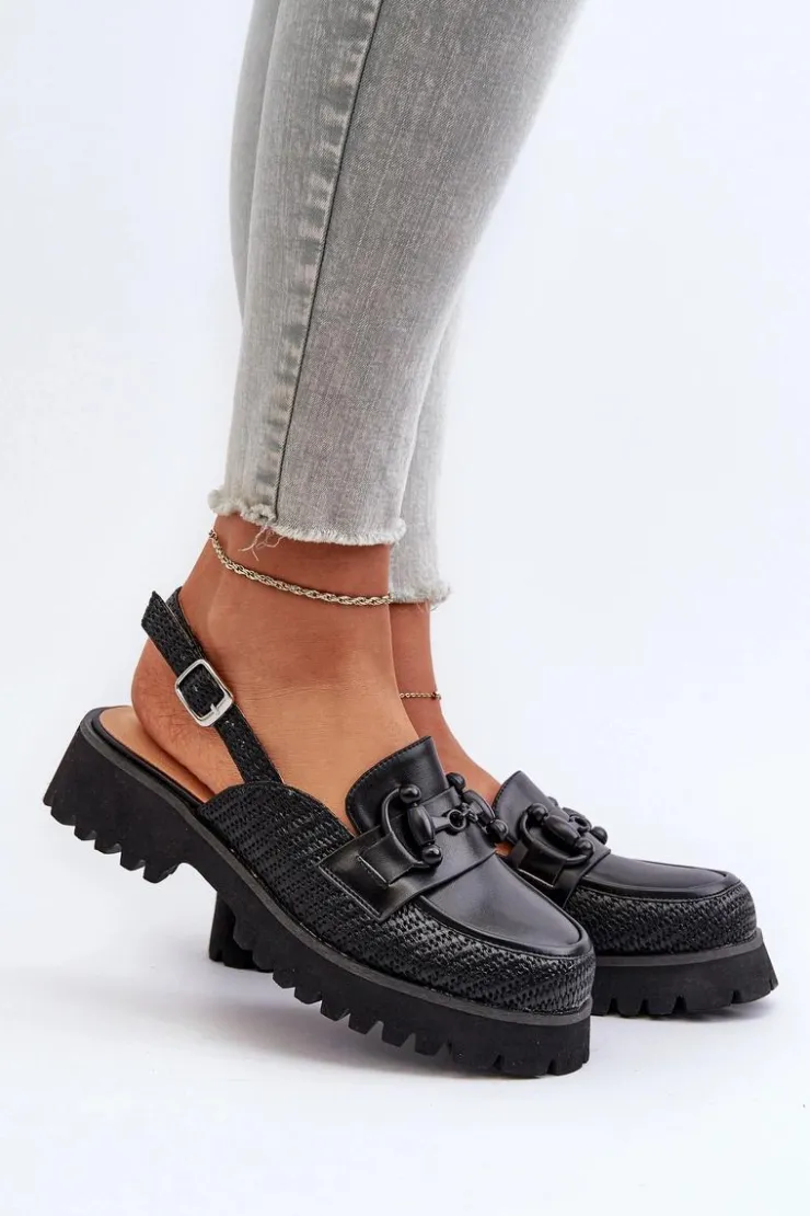 Online Damskie buty S.Barski Sandały Damskie Na Płaskim Obcasie Z Ozdobą Czarne D&A MR38-656 Czarny