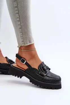 Online Damskie buty S.Barski Sandały Damskie Na Płaskim Obcasie Z Ozdobą Czarne D&A MR38-656 Czarny