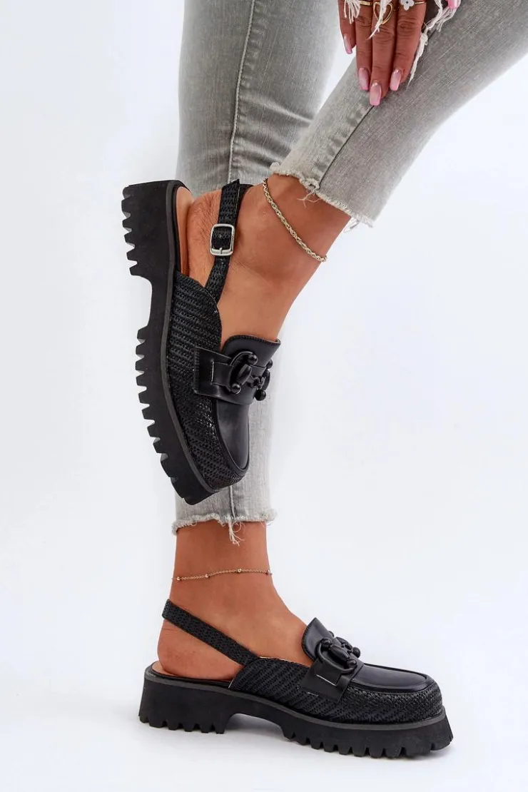 Online Damskie buty S.Barski Sandały Damskie Na Płaskim Obcasie Z Ozdobą Czarne D&A MR38-656 Czarny