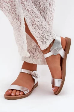 Boto Sandały Damskie Na Płaskim Obcasie Eko Skórzane Srebrne Kivara Srebrny