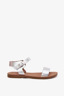 Boto Sandały Damskie Na Płaskim Obcasie Eko Skórzane Srebrne Kivara Srebrny