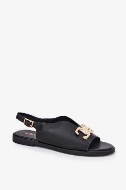 Evento Sandały Płaskie*Sandały Damskie Na Płaskim Obcasie Ze Złotą Ozdobą Czarne Amelira Czarny