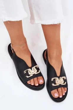 Evento Sandały Płaskie*Sandały Damskie Na Płaskim Obcasie Ze Złotą Ozdobą Czarne Amelira Czarny