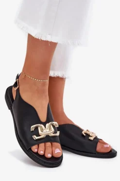 Evento Sandały Płaskie*Sandały Damskie Na Płaskim Obcasie Ze Złotą Ozdobą Czarne Amelira Czarny