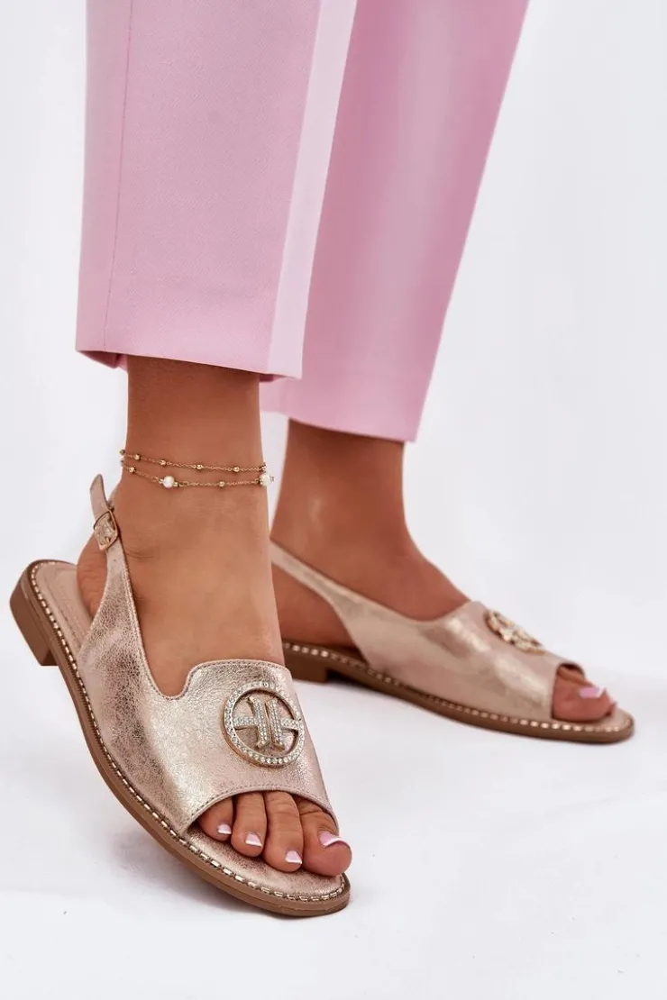 Damskie buty S.Barski Sandały Damskie Na Płaskim Obcasie Z Ozdobą S.Barski KV51-002 Różowe Złoto Złoty