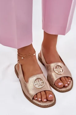 Damskie buty S.Barski Sandały Damskie Na Płaskim Obcasie Z Ozdobą S.Barski KV51-002 Różowe Złoto Złoty