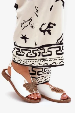 Damskie Boto Sandały Damskie Na Płaskim Obcasie Z Ozdobą Białe Setorina