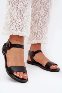 Boto Sandały Płaskie*Sandały Damskie Na Płaskim Obcasie Eko Skórzane Czarne Kivara