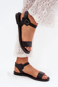 Boto Sandały Płaskie*Sandały Damskie Na Płaskim Obcasie Eko Skórzane Czarne Kivara