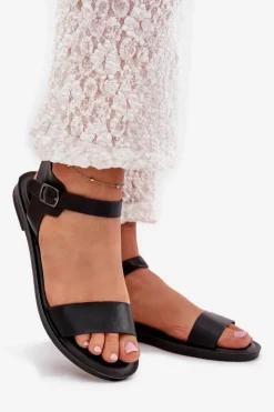 Boto Sandały Płaskie*Sandały Damskie Na Płaskim Obcasie Eko Skórzane Czarne Kivara