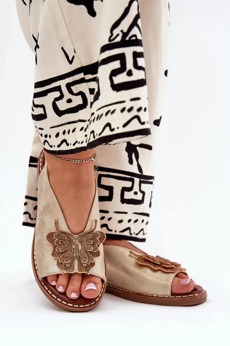 Sale Boto Sandały Damskie Na Płaskim Obcasie Z Ozdobą Złote Setorina Złoty