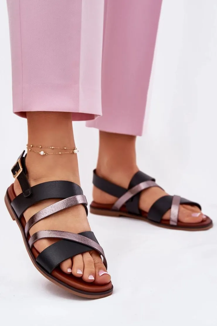 Damskie Buty Sergio Leone Sandały Damskie Na Płaskim Obcasie Z Paskami Sergio Leone SK086H Czarne