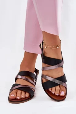 Damskie Buty Sergio Leone Sandały Damskie Na Płaskim Obcasie Z Paskami Sergio Leone SK086H Czarne