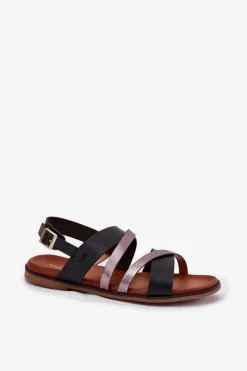 Damskie Buty Sergio Leone Sandały Damskie Na Płaskim Obcasie Z Paskami Sergio Leone SK086H Czarne