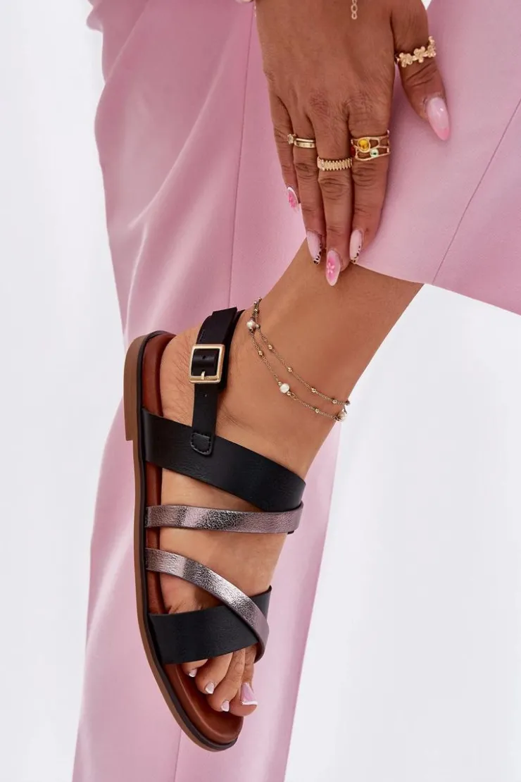 Damskie Buty Sergio Leone Sandały Damskie Na Płaskim Obcasie Z Paskami Sergio Leone SK086H Czarne