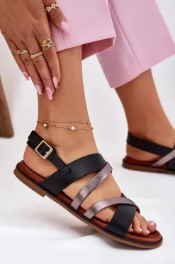 Damskie Buty Sergio Leone Sandały Damskie Na Płaskim Obcasie Z Paskami Sergio Leone SK086H Czarne