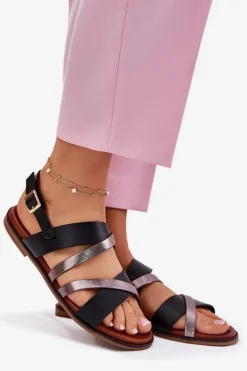 Damskie Buty Sergio Leone Sandały Damskie Na Płaskim Obcasie Z Paskami Sergio Leone SK086H Czarne