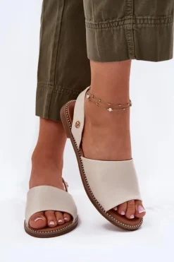 Best Evento Sandały Damskie Na Płaskim Obcasie Eko Skórzane Beżowe Dereka Beżowy